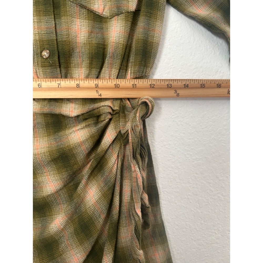 Zara Plaid Shirt Dress Size 13 Green Pink Ecru Tie Waist Detail Button Front - Picture 11 of 13